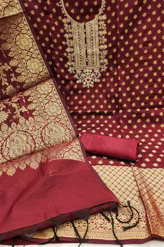 Red Modal Banarasi Jacquard Unstitched Dress Material