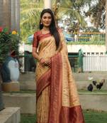 Koram Cream Kanjivaram Soft Silk Weaving Borders Havy Design Saree With Blouse For Women