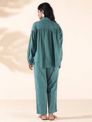 turquoise cotton dobby shirt co-ord set 2