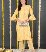 women yellow cotton ethnic motifs printed straight kurta
