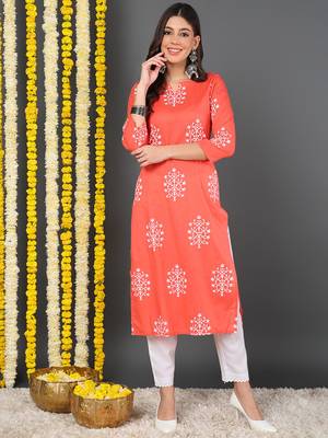 women coral cotton ethnic motifs printed straight kurta 1