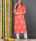 women coral cotton ethnic motifs printed straight kurta