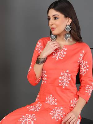 women coral cotton ethnic motifs printed straight kurta 2
