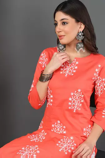 women coral cotton ethnic motifs printed straight kurta
