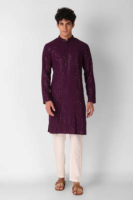 Wine colour ethnic trending sequins work cotton fabric kurta for men 1