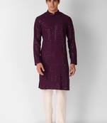 Wine colour ethnic trending sequins work cotton fabric kurta for men