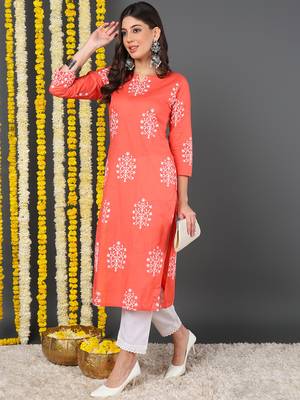 women coral cotton ethnic motifs printed straight kurta 3