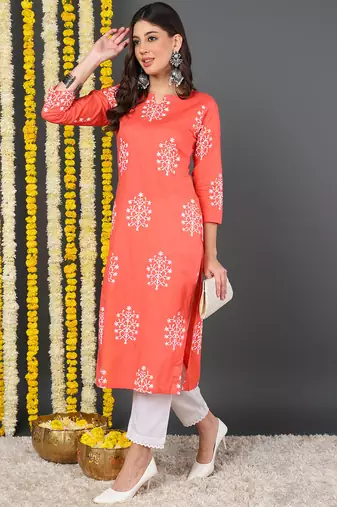 women coral cotton ethnic motifs printed straight kurta