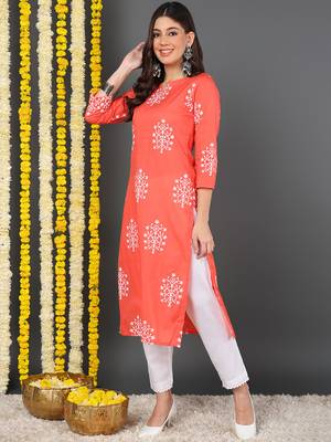 women coral cotton ethnic motifs printed straight kurta 4