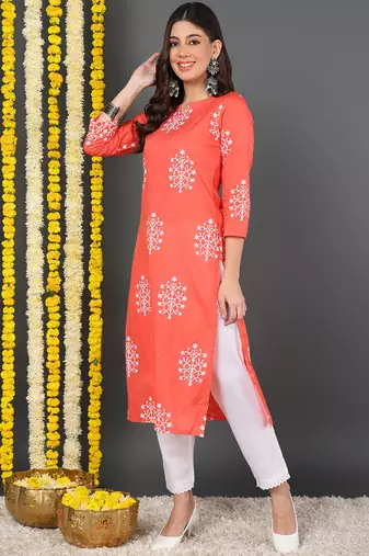 women coral cotton ethnic motifs printed straight kurta