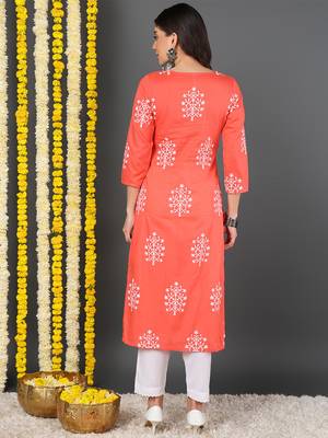 women coral cotton ethnic motifs printed straight kurta 5