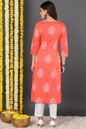 women coral cotton ethnic motifs printed straight kurta