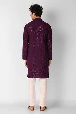 Wine colour ethnic trending sequins work cotton fabric kurta for men 2