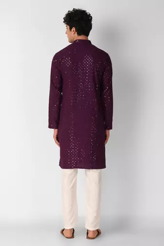 Wine colour ethnic trending sequins work cotton fabric kurta for men