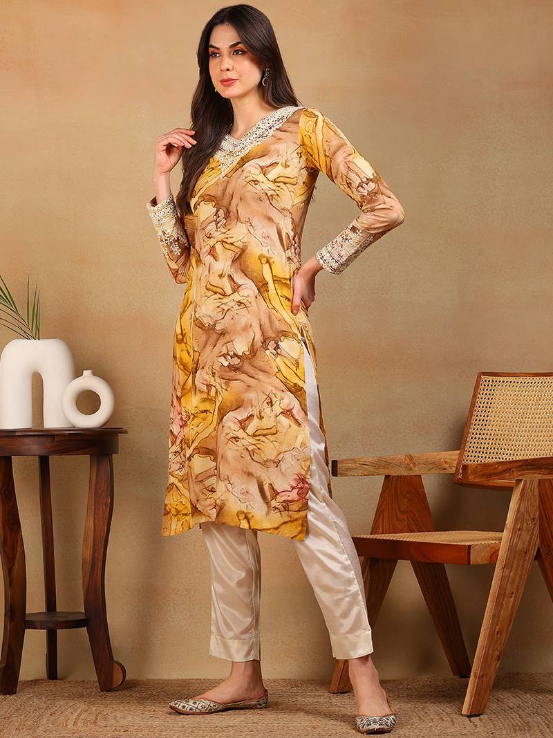 women mustard viscose rayon solid embroidered straight kurta