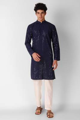 Navy blue colour ethnic trending sequins work cotton fabric kurta for men 1