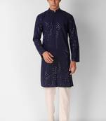 Navy blue colour ethnic trending sequins work cotton fabric kurta for men