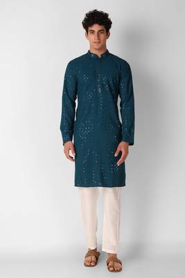 Teal colour ethnic trending sequins work cotton fabric kurta for men 1