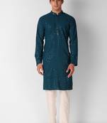 Teal colour ethnic trending sequins work cotton fabric kurta for men