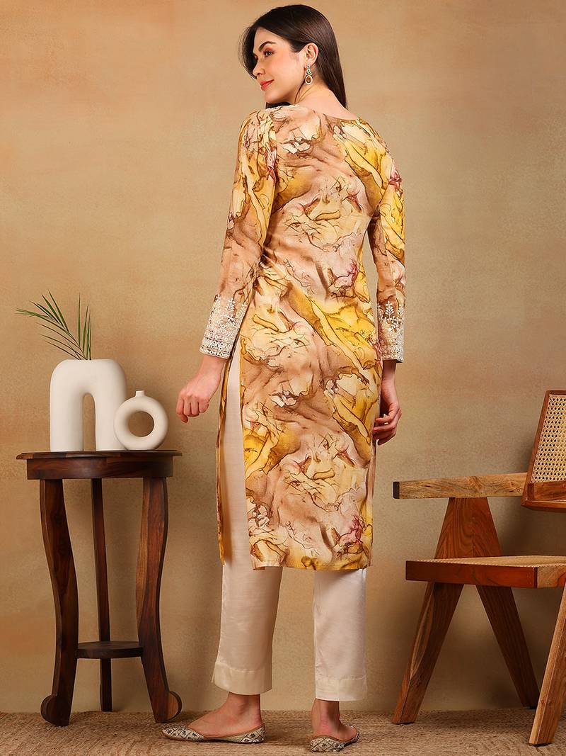 women mustard viscose rayon solid embroidered straight kurta
