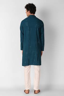 Teal colour ethnic trending sequins work cotton fabric kurta for men 2