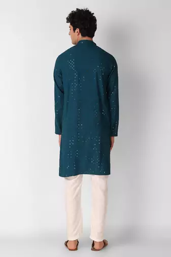 Teal colour ethnic trending sequins work cotton fabric kurta for men