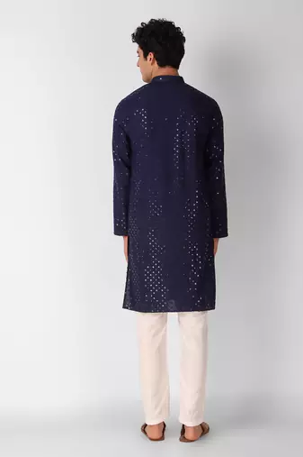 Navy blue colour ethnic trending sequins work cotton fabric kurta for men