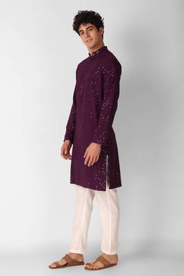 Wine colour ethnic trending sequins work cotton fabric kurta for men 3