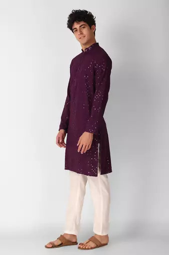 Wine colour ethnic trending sequins work cotton fabric kurta for men