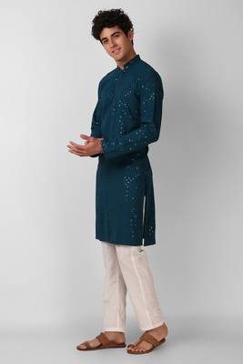 Teal colour ethnic trending sequins work cotton fabric kurta for men 3