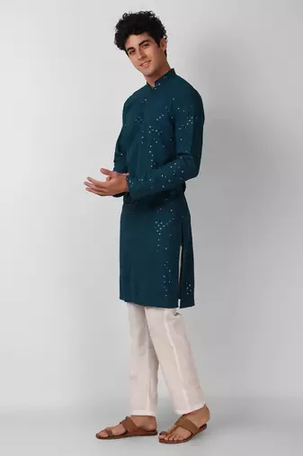 Teal colour ethnic trending sequins work cotton fabric kurta for men