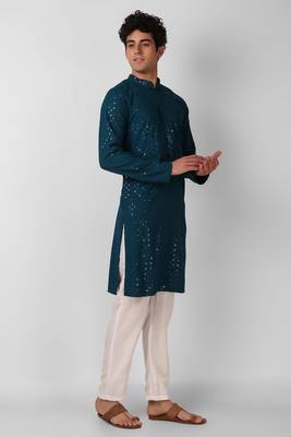 Teal colour ethnic trending sequins work cotton fabric kurta for men 4