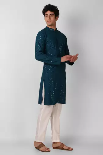 Teal colour ethnic trending sequins work cotton fabric kurta for men