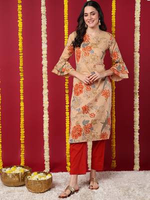 women beige cotton floral printed straight kurta 1