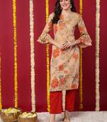 women beige cotton floral printed straight kurta
