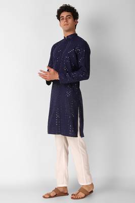 Navy blue colour ethnic trending sequins work cotton fabric kurta for men 3