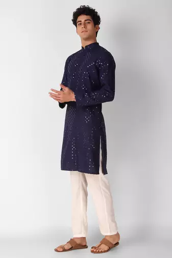 Navy blue colour ethnic trending sequins work cotton fabric kurta for men