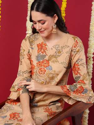 women beige cotton floral printed straight kurta 2
