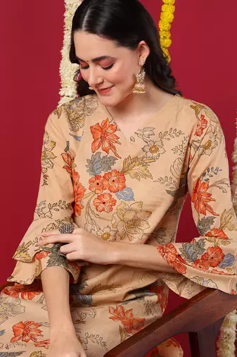 women beige cotton floral printed straight kurta