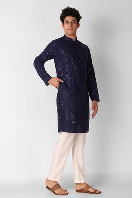 Navy blue colour ethnic trending sequins work cotton fabric kurta for men 4