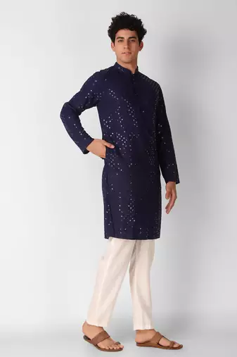 Navy blue colour ethnic trending sequins work cotton fabric kurta for men