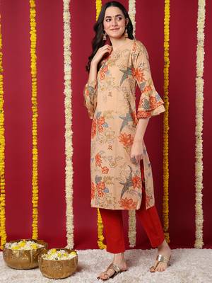 women beige cotton floral printed straight kurta 3