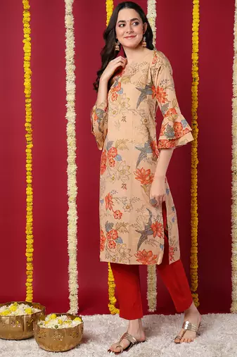 women beige cotton floral printed straight kurta