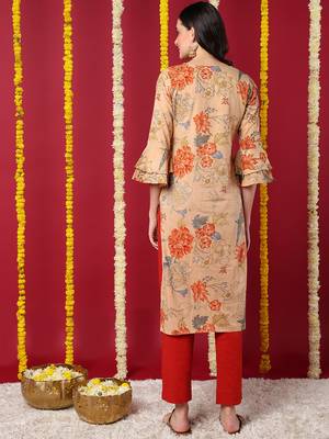 women beige cotton floral printed straight kurta 4