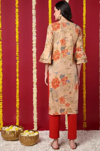 women beige cotton floral printed straight kurta