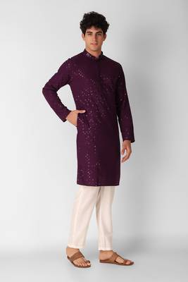 Wine colour ethnic trending sequins work cotton fabric kurta for men 4