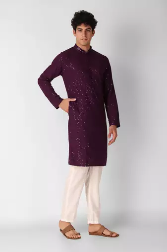 Wine colour ethnic trending sequins work cotton fabric kurta for men