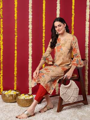 women beige cotton floral printed straight kurta 5