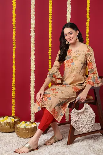 women beige cotton floral printed straight kurta
