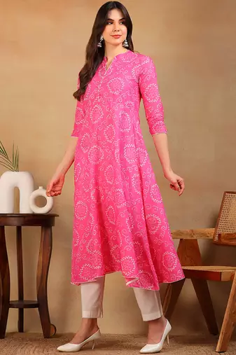 Pink Daily Wear Bandhani Kurta for Women